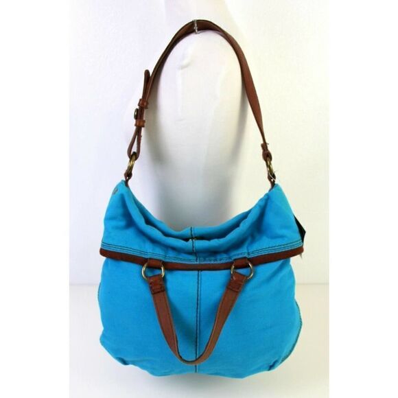 LUCKY BRAND BANDIT FOLDOVER BLUE COTTON BROWN LEATHER TOTE SHOULDER BAG HANDBAG - Picture 5 of 12